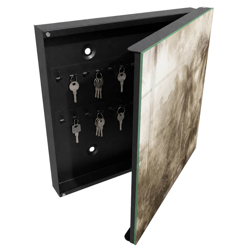Key box, Opens to the right, 30x30x5, Black, Tropical jungle in beige shades, 