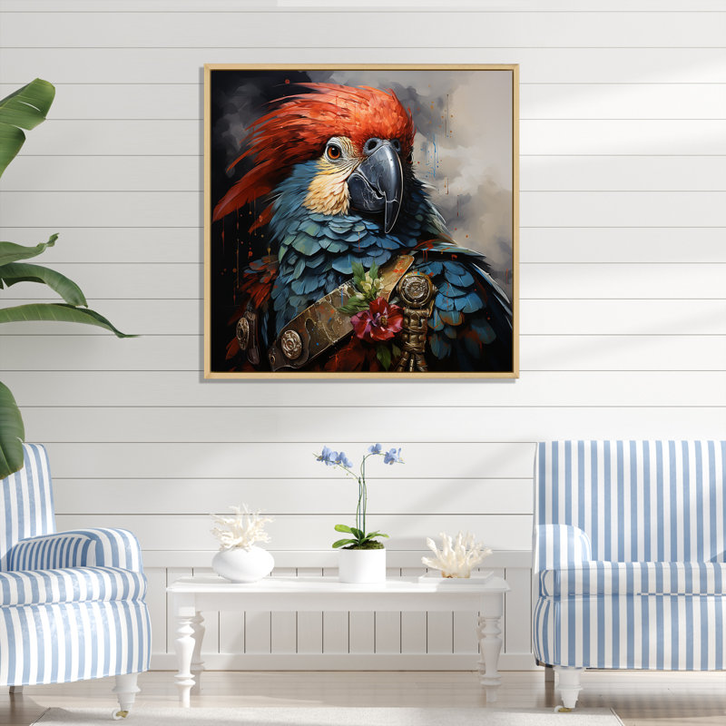Pirate Parrot Feathered Buccaneer - Art mural pirate, H 16 po x l 16 po x P 1 po, Cadre flottant brun