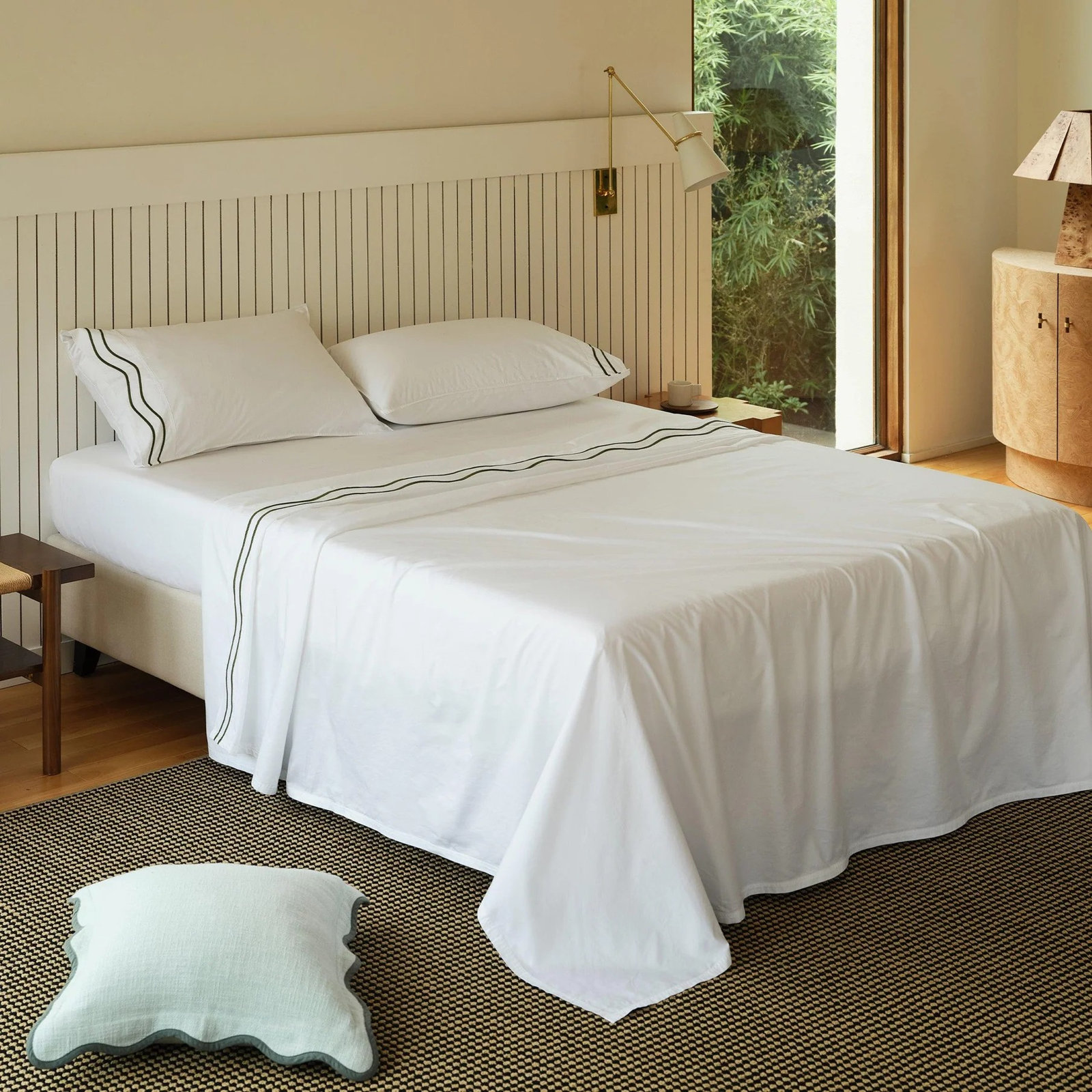 Double Stitch 100% Supima Cotton Sateen Weave Embroidery Sheets Set, Olive Green White, California King Sheet Set
