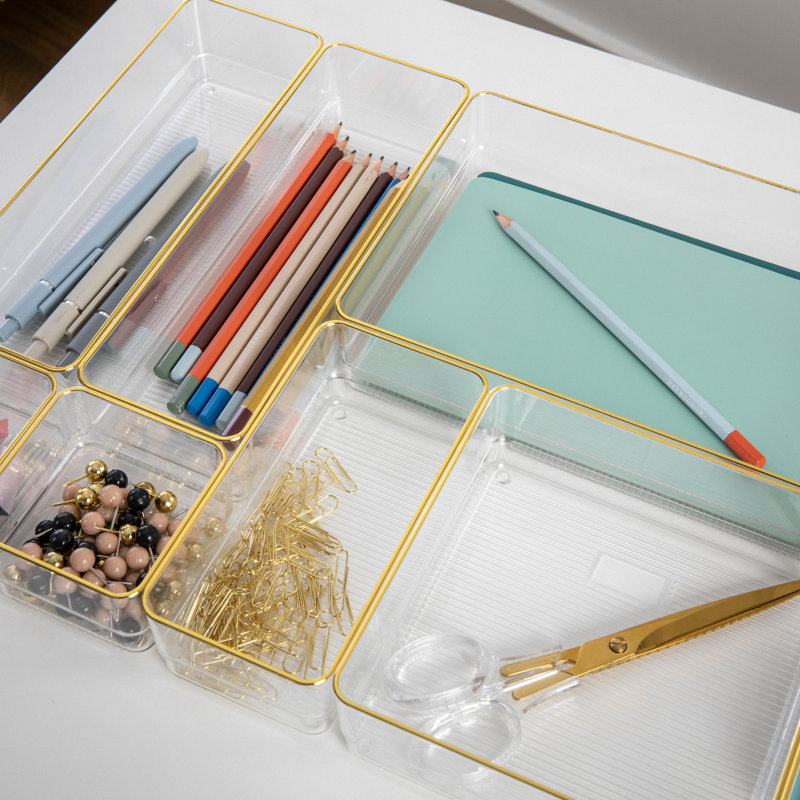 Martha Stewart Clear Plastic Stackable Desk Drawer Organizers with Gold Trim, Set of 8
