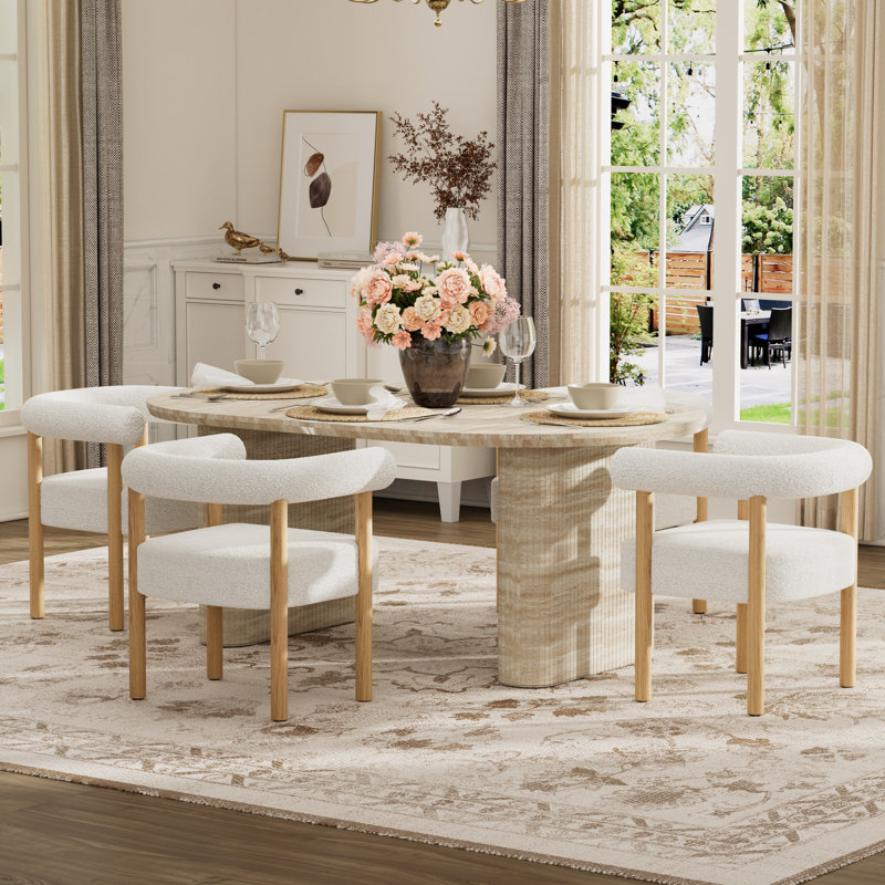 Ensemble de table de salle à manger extensible ovale en panneau de fibres à densité moyenne blanc cassé avec chaises 4/6/8 en molleton blanc, conception à deux piliers, longueur réglable, pour la salle à manger et le salon