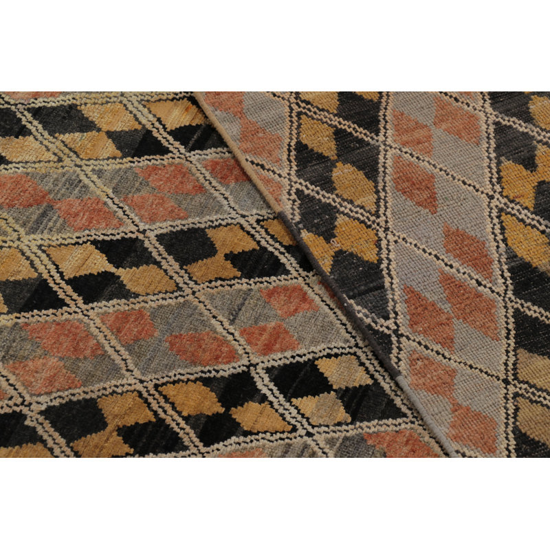 Rug & Kilim’S Modern Rug In Black, Charcoal And Gold Diamond Geometric Pattern