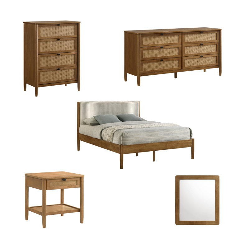 Ensemble de chambre à coucher 5 pièces en bois d'hévéa avec commode, miroir, table de chevet et commode Vichy