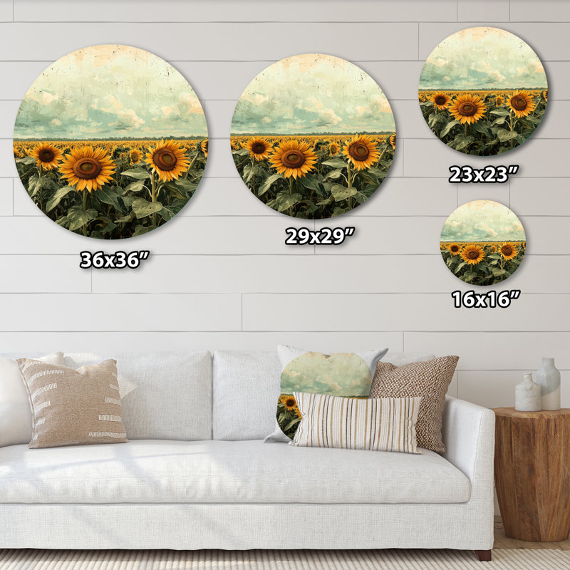 Été tournesol prairie dans les prairies II - tournesols, art mural rond en métal, H 36 po x l 36 po
