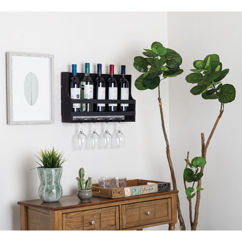 5 - Bottle Wine Bottle & Glass Rack in Black