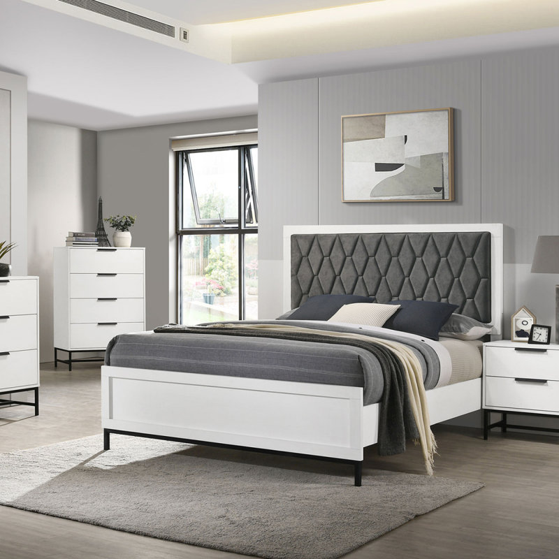 White Queen Upholstered Panel Bed