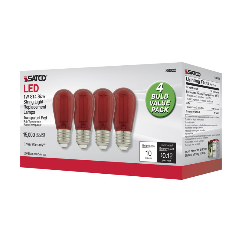 1 W (équivalent à 11 watts), ampoule à DEL S14, à intensité variable, culot moyen E26 (standard)