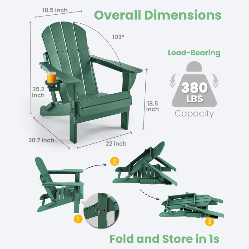 Chaise Adirondack pliante en PEHD pour patio, Vert