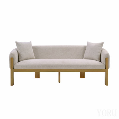 Canapé Mid-Century moderne en tissu Boucle, canapé rembourré 3 places 84,5 po avec 2 coussins décoratifs et pieds en bois d'hévéa massif