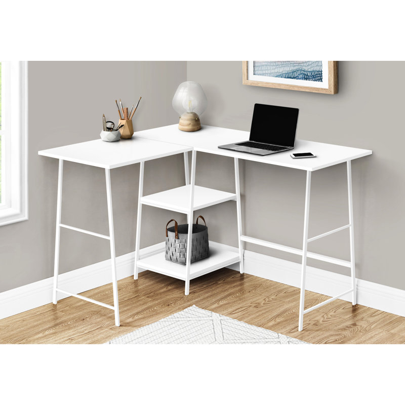 Bureau en L en forme de L pour bureau à domicile efficace, l 48 po, stratifié blanc et métal, avec rangement amélioré