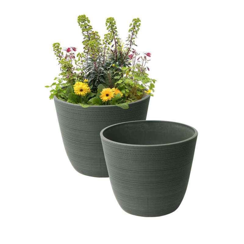 Tahmina Ribbed Composite Pot Planter Set, Charcoal, 2, 11" H x 14" W x 14" D