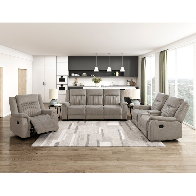 Ensemble de canapés contemporain 3 pièces pour salon, canapé inclinable, causeuse, fauteuil, revêtement en microfibre couleur tourterelle, mobilier confortable en bois massif