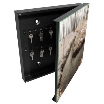 Key box for wall, Opens to the right, 30x30x5, Black, Winter forest with a river in the fog, 