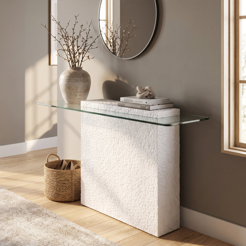 Console moderne en verre trempé blanc avec base sculptée en 3D - 160 cm de large