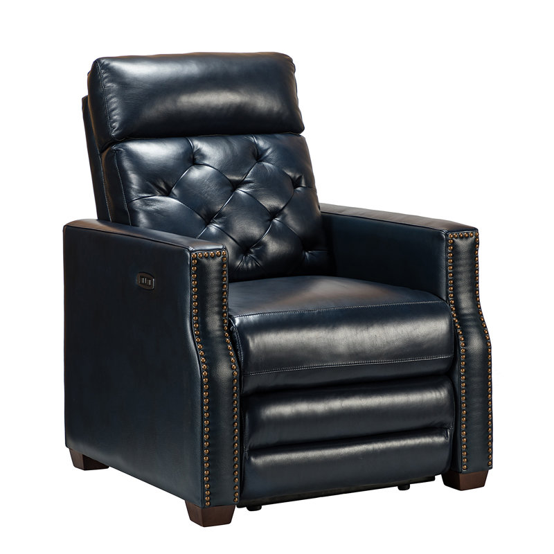 Gumesindo 31.50" Wide Genuine Leather Power Recliner, Navy Genuine Leather