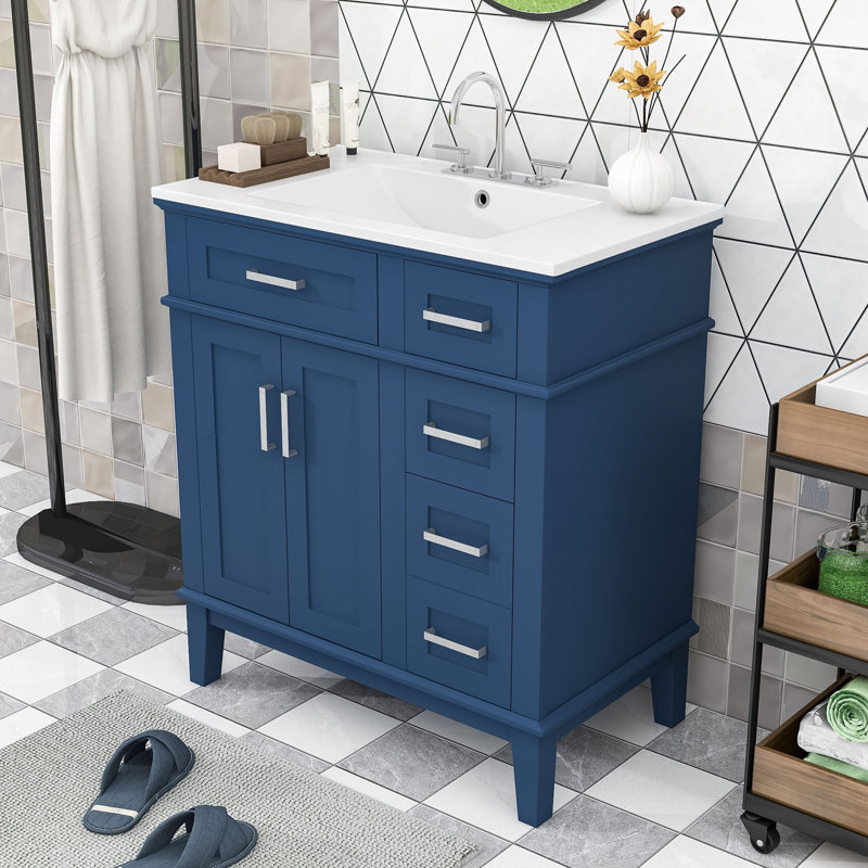 Meuble-lavabo compact 30 po avec lavabo en céramique, deux tiroirs et deux portes à fermeture en douceur, Bleu