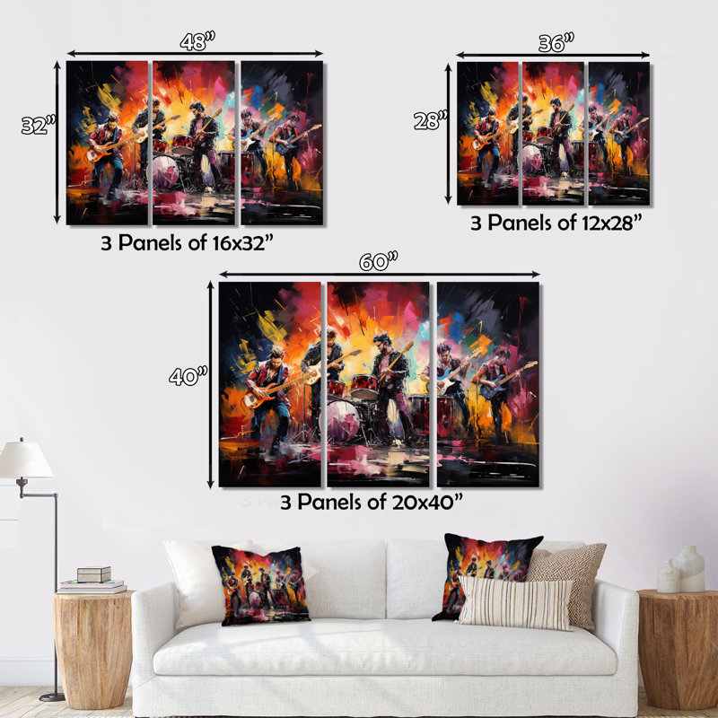Rock Band In Action II sur toile, reproduction de 3 pièces, H 28 po x l 36 po x P 1 po