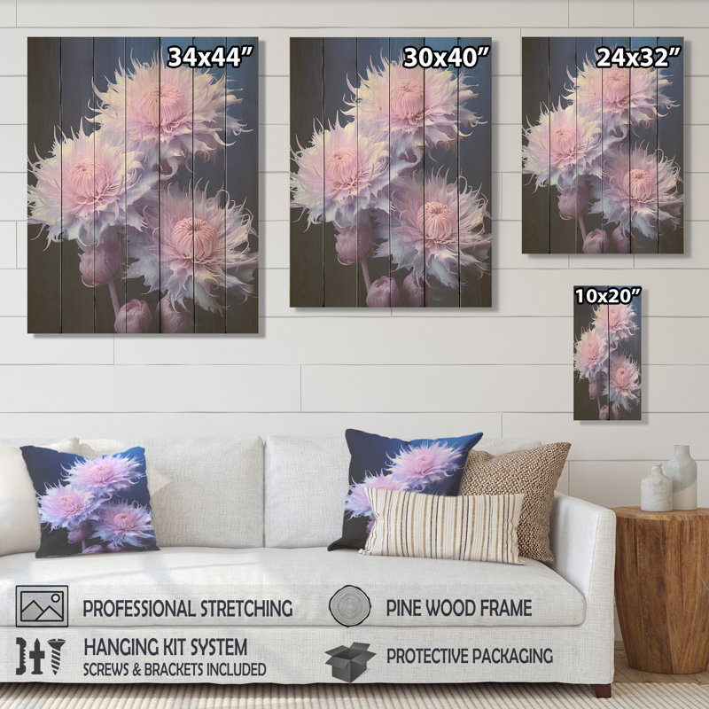 Chardon bleu et mauve fleurs givrées - chardon sur bois, H 32 po x l 24 po