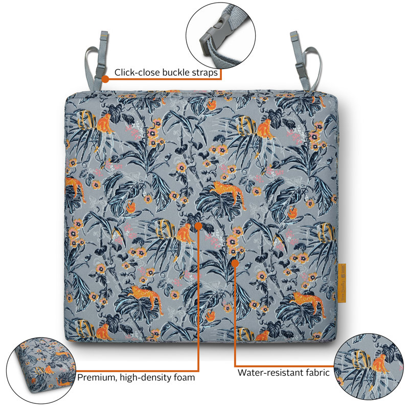 Vera Bradley Outdoor 3'' Dining Chair Seat Cushion, Rain Forest Toile Gray/Gold, 3" H x 19" W x 19" D