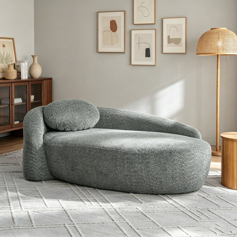 Modern Oval Single Lazy Sofa Chair Lounge Chaise with Integrated Backrest, Side Armrest and Pillow, Dark Gray