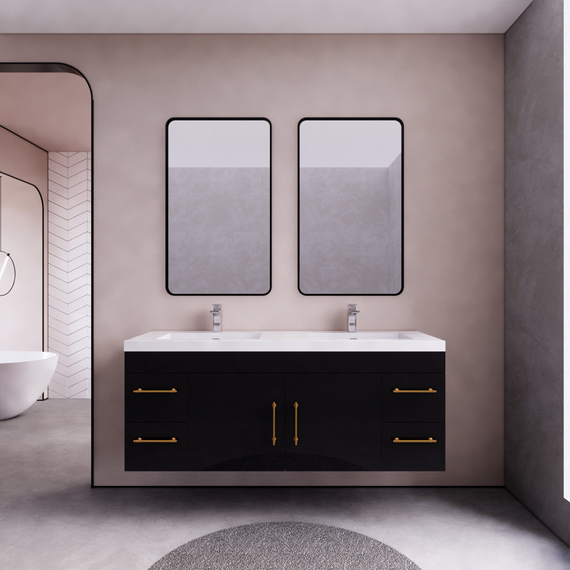 59.05'' Double Bathroom Vanity with Acrylic Top, Glossy Black
