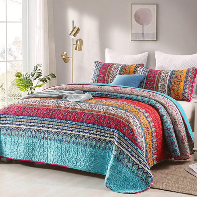 Ensemble de courtepointe Boho, couvre-lit 3 pièces en microfibre légère à rayures