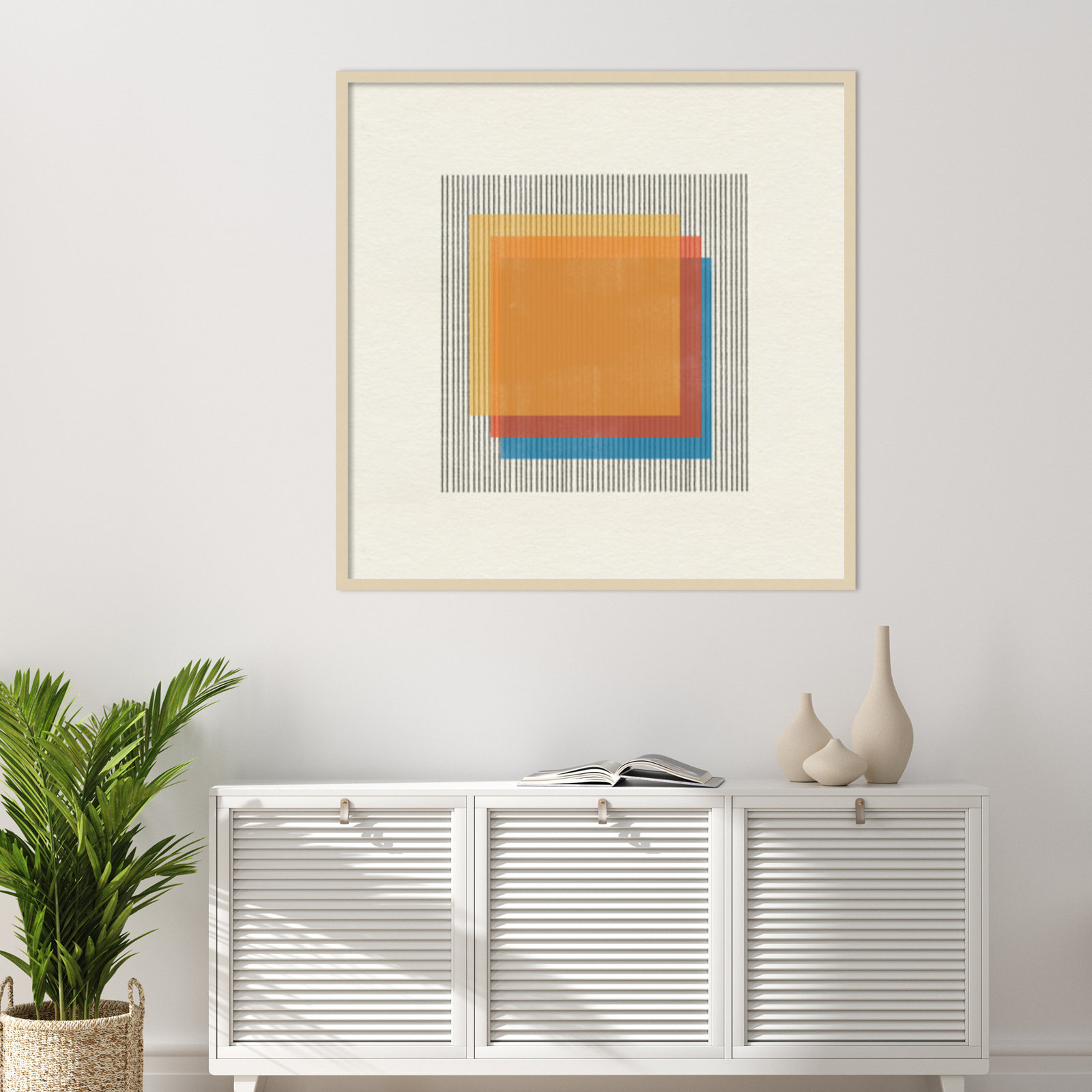 Midcentury Modern Squares No 1 Print, 41" H x 41" W x 1" D, Brown Framed