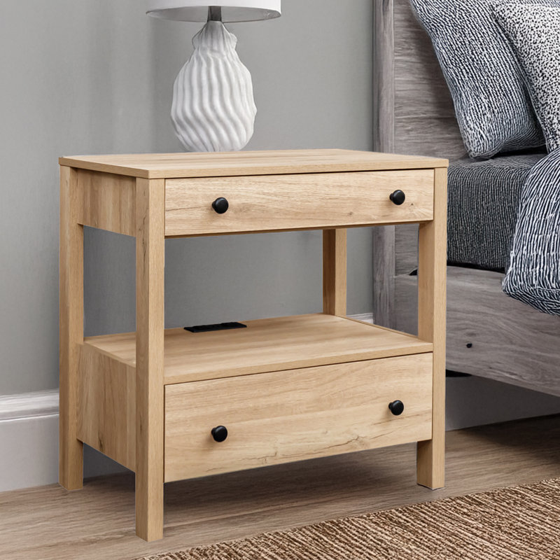 Nightstand with Charging Station, Wood Storage End Table with 2 Drawers & Open Shelf, Modern Bedside Table with USB & Type-C Ports for Bedroom, Living Room, Weathered Timber