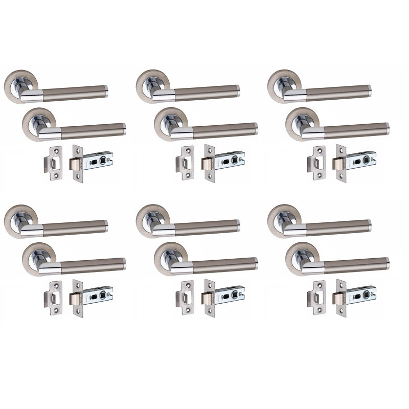 Golden Grace 6 Pairs Mitred Design Door Handles on Round Rose in Satin Nickel Polished Chrome Finish with 2.5" Tubular Latch - 52mm Diameter