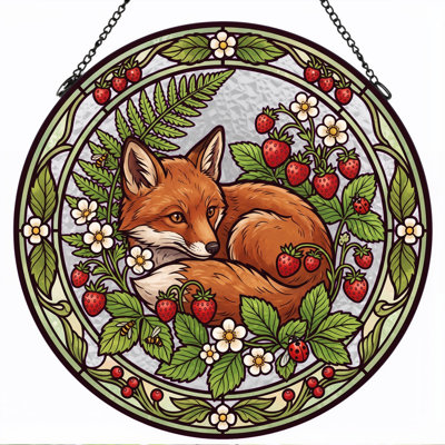 Fox Strawberry Stained Glass Window Panel，7.8H