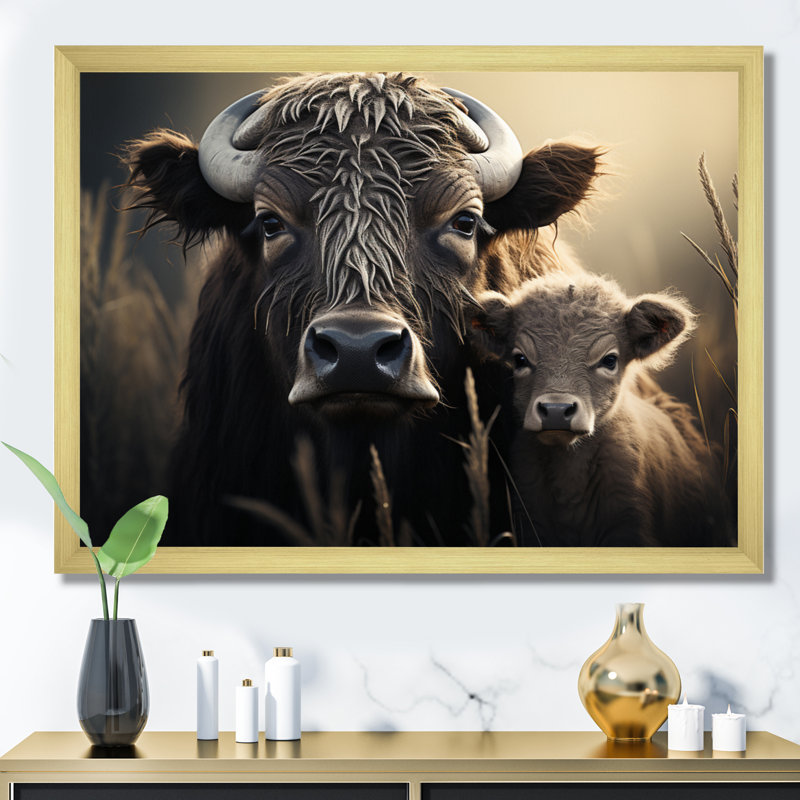 " Brown Buffalo Gentle Guardians ", 34" H x 44" W x 1.5" D, Gold Single Picture Framed