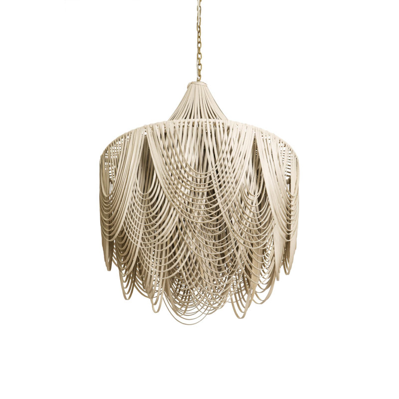 Large Leather Fringe Chandelier w/ Crown, Cream, 35" H x 28" W x 28" D