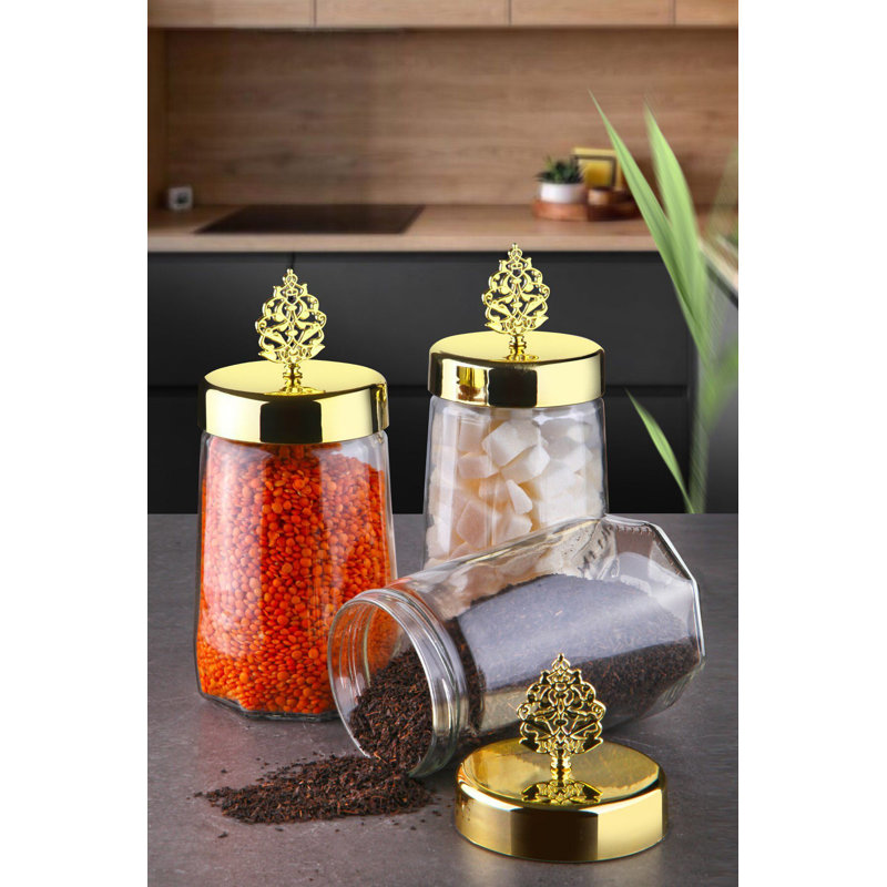 Elegant Glass Storage Box Set (3 Pieces), 3.5 x 3.5 x 7.9 inches, Transparent with Gold Accents | 100% Dishwasher Safe | Perfect for Organizing Home, Kitchen, or Office | Stylish and Functional Design