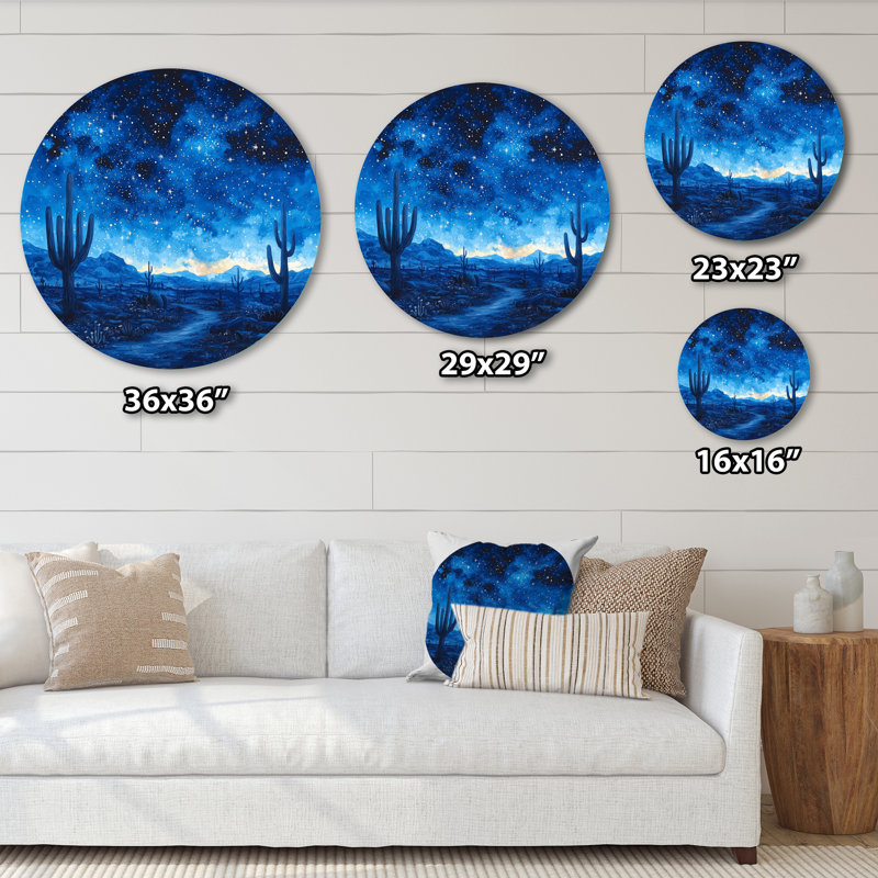 Cactus sous le désert, étoiles bleues I - Cactus imprimé sur un cercle métallique, H 16 po x l 16 po