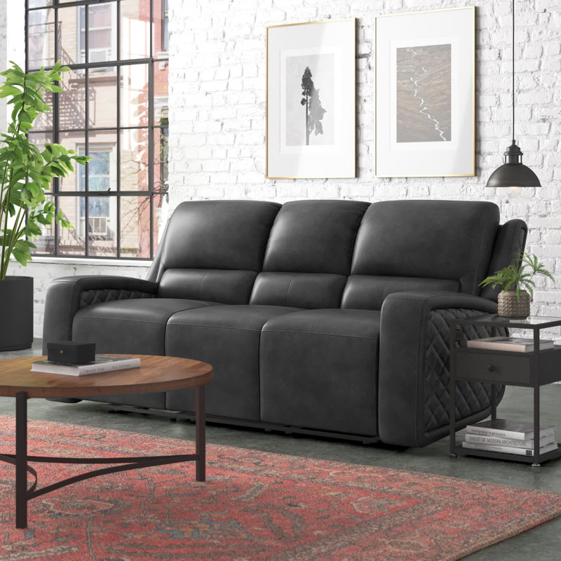 Drew Upholstered 86'' Power Reclining Sofa, Gray Genuine Leather