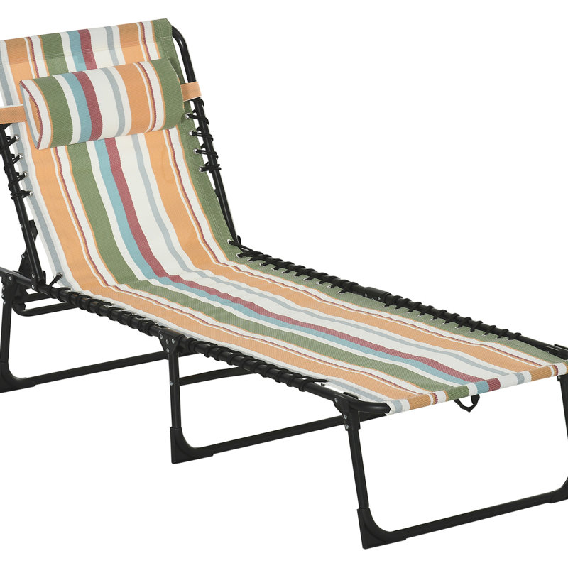 Sun Tanning Patio Seat - Folding Chaise, 4 , Breathable Mesh & Bungee Seat, Pillow, Yellow Beach Chair Chaise Lounge, Recline,