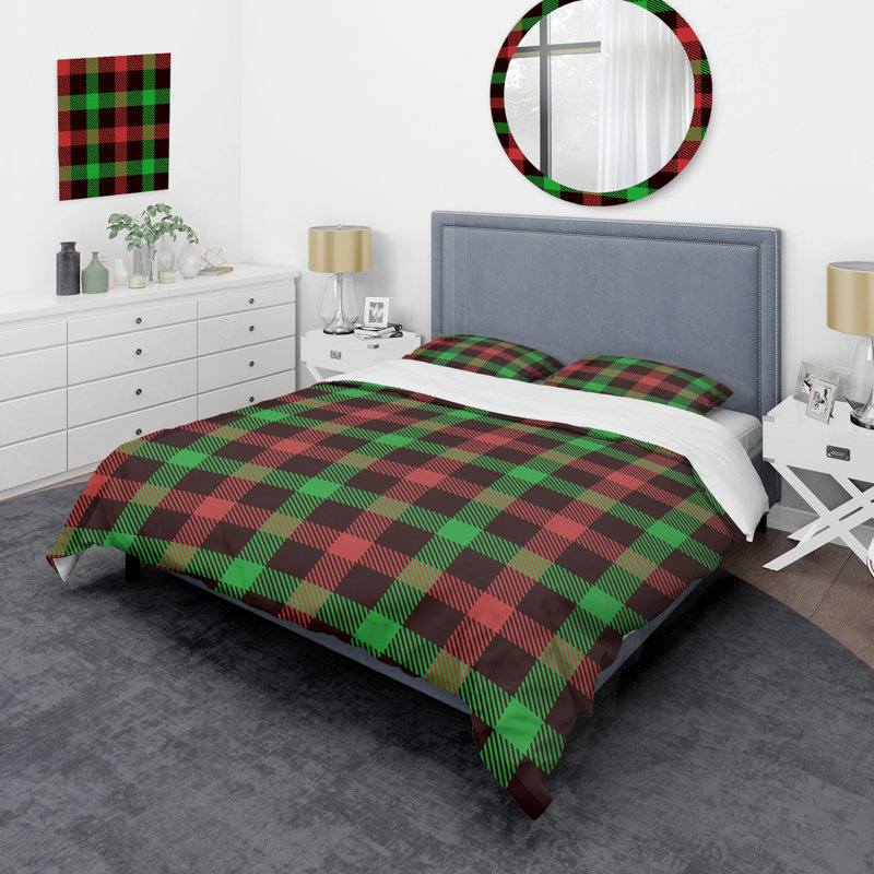 Tartan à carreaux vert et rouge - Ensemble de housse de couette abstrait - Microfibre de polyester