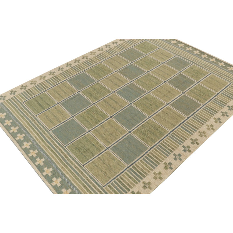 Rug & Kilim’S Scandinavian Rug Kilim In Green And Blue Geometric Pattern, Rectangle 6' x 9'