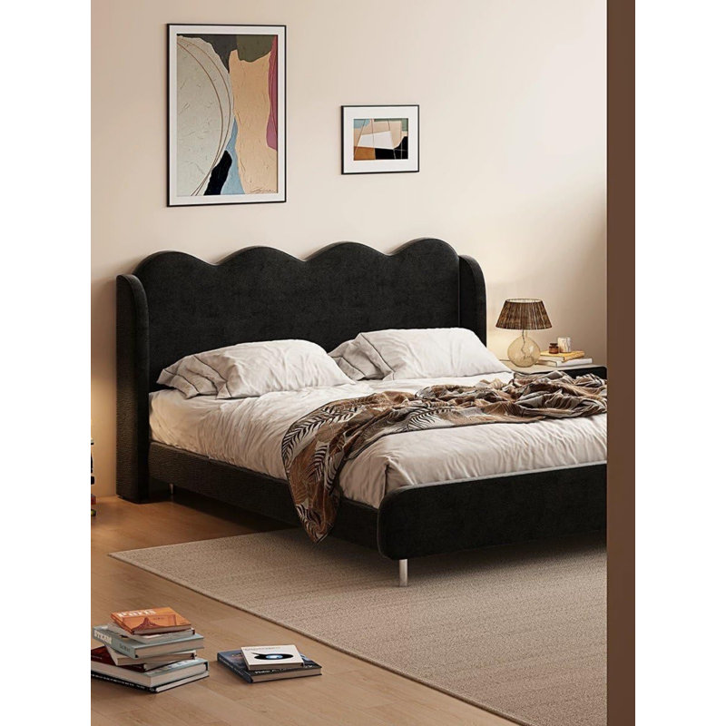 Twin Size Velvet Upholstered Platform Bed Frames with Wingback & Scalloped Edges – Modern Minimalist Design, No Box Spring Needed, Gray