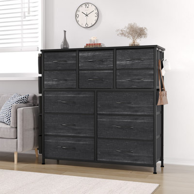 Commode 12 tiroirs en tissu - Commode de rangement avec structure en acier et plateau en bois