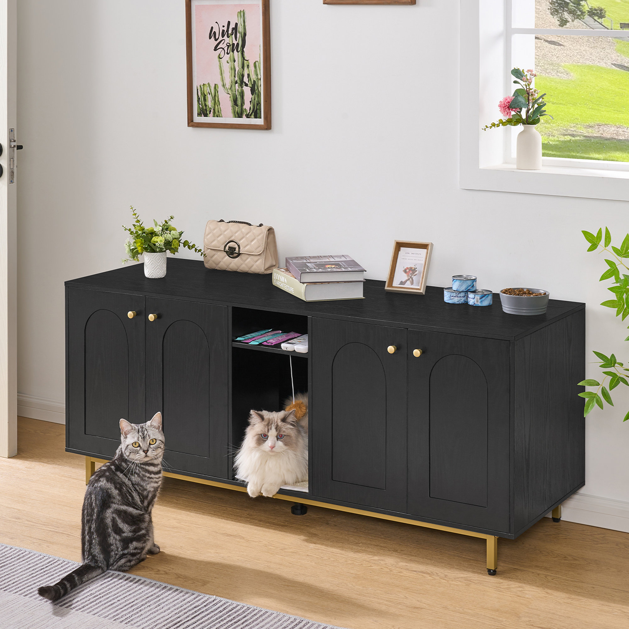 Mercer41 Westfahl 55.2 x 20 x 23.9" Cat Litter Box Enclosure, Hidden Litter Box Furniture, Wooden Pet House Side End Table, Storage Cabinet Bench for Living Room, Bedroom, Black,White & Reviews | Wayfair