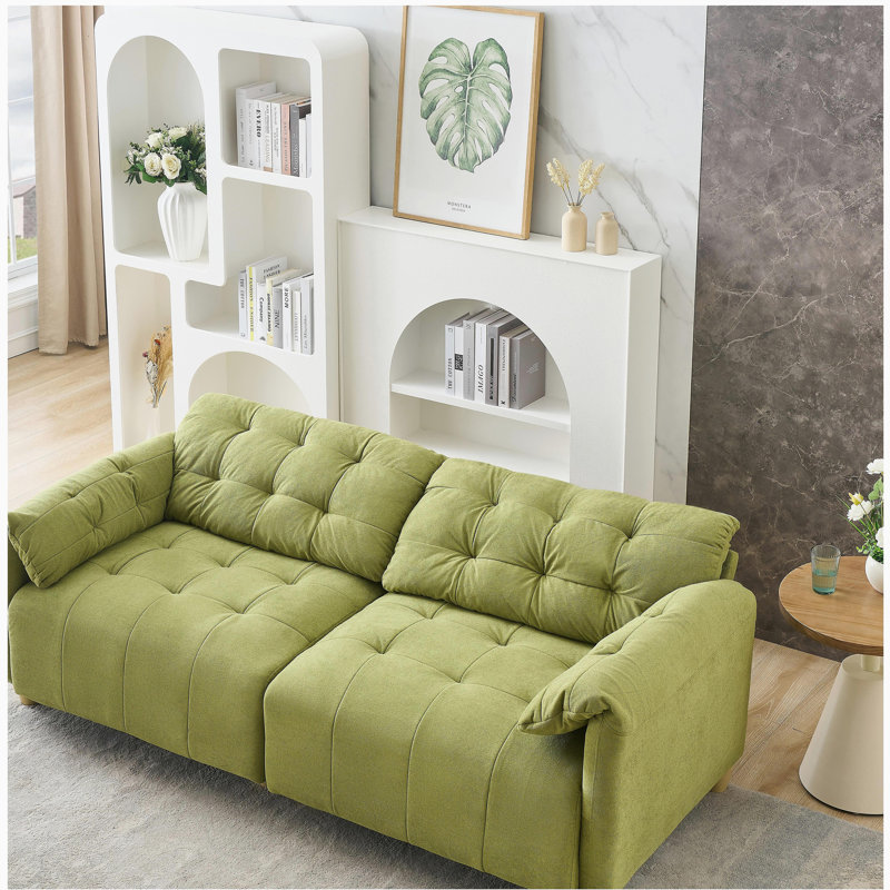 Canapé droit français à motif de nuage double en tissu crème de style rétro, convenant au salon., Vert