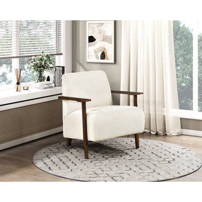 Chaise de salon en bois massif beige avec accoudoirs à finition brune moderne pour coussins de siège attachés à l'espace principal