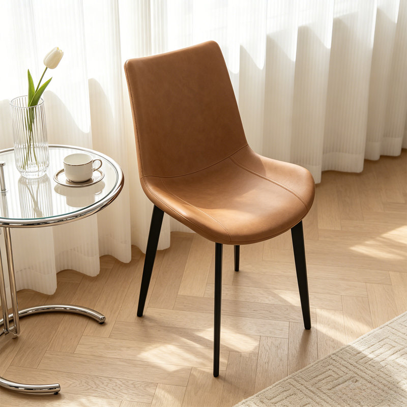 Dining Side Chairs with Faux Leather Seat and Black Metal Base,Upholstered Chairs Set of 2, Brown