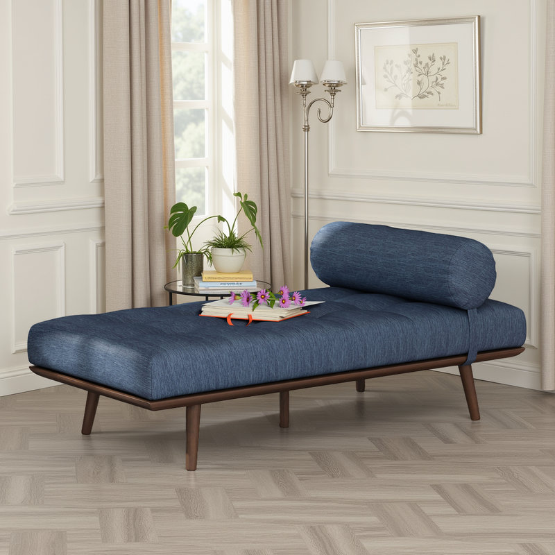 Chaise longue capitonnée avec traversin et structure en bois d'hévéa, Marine