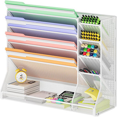Adjustable 5 Tiers Wall File Organizer Metal Hanging Holder White | 5 tiers desk paper organizer, folder holder wall mount, mail organizer for home office, hanging document tray