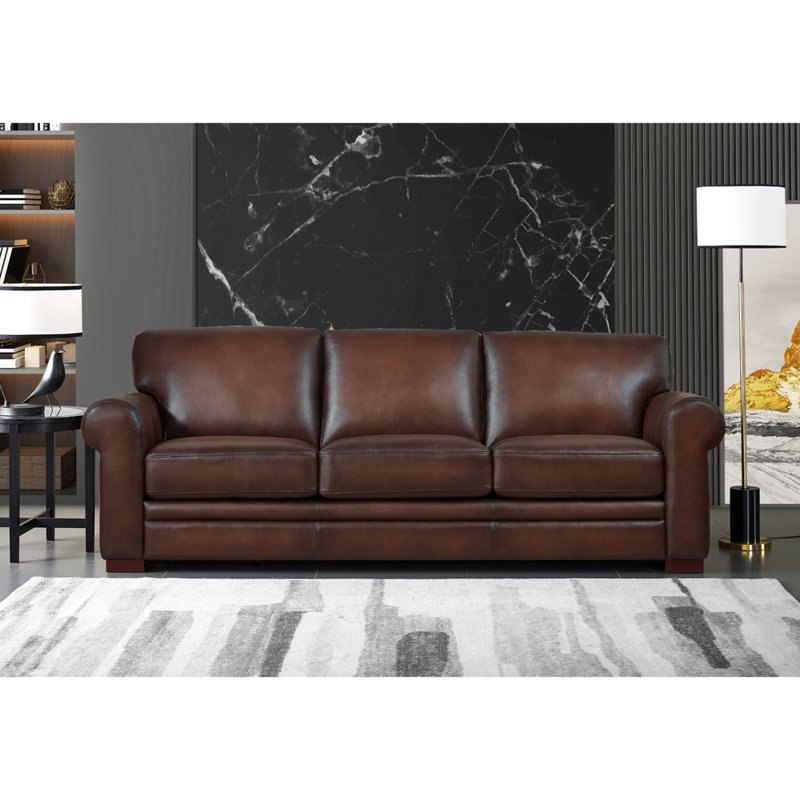 95'' Caramel Brown Leather Sofa with Solid Wood Frame