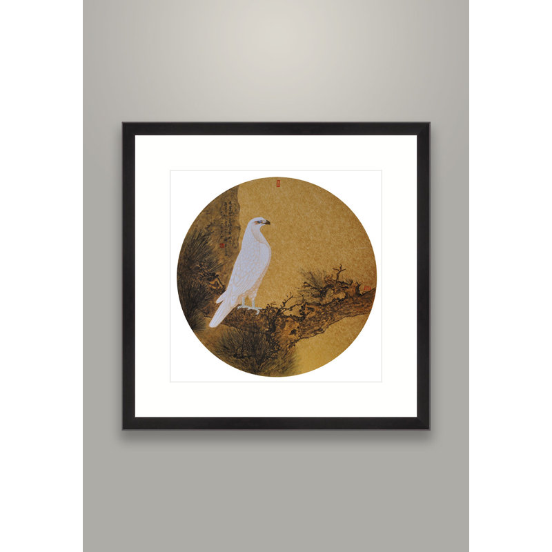 White Hawk on an Old Pine Tree by Ban Shan - Single Picture Frame Painting, Black