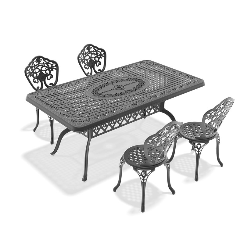 Black Outdoor Aluminum Rectangle Dining Set,Compact Size Chair (Seat Width:15.35"), Umbrella Hole, Weather-Resistant, 4