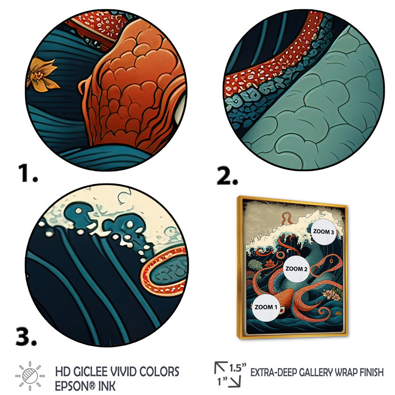 " Japanese Landscape With Octopus II ", 32" H x 16" W x 1" D, Gold Floater Framed  Canvas